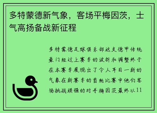 多特蒙德新气象，客场平梅因茨，士气高扬备战新征程